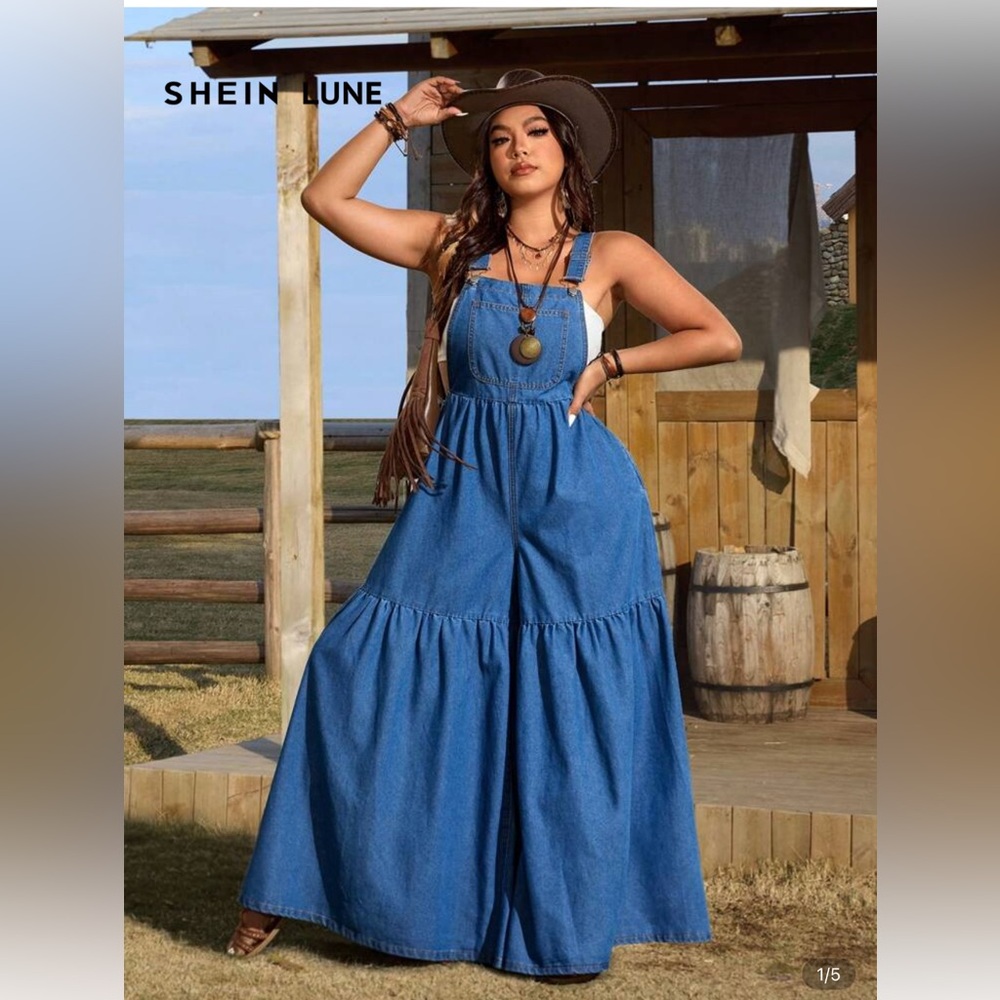 SHEIN Blue Ruffle Wide-Leg Denim Overalls
